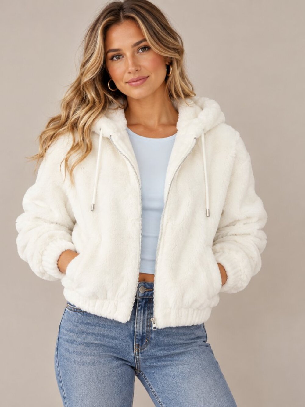 Planet Heart Ivory Faux Fur Hooded Zip Up Jacket Juniors Cozy Plush Large